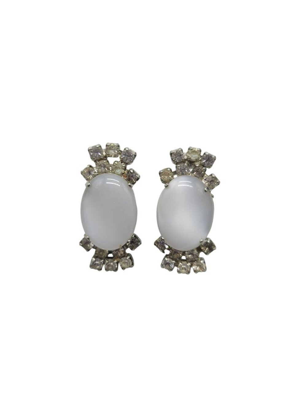 Vintage Oval White Moonstone Clip-On Earrings With Rhinestone Accents